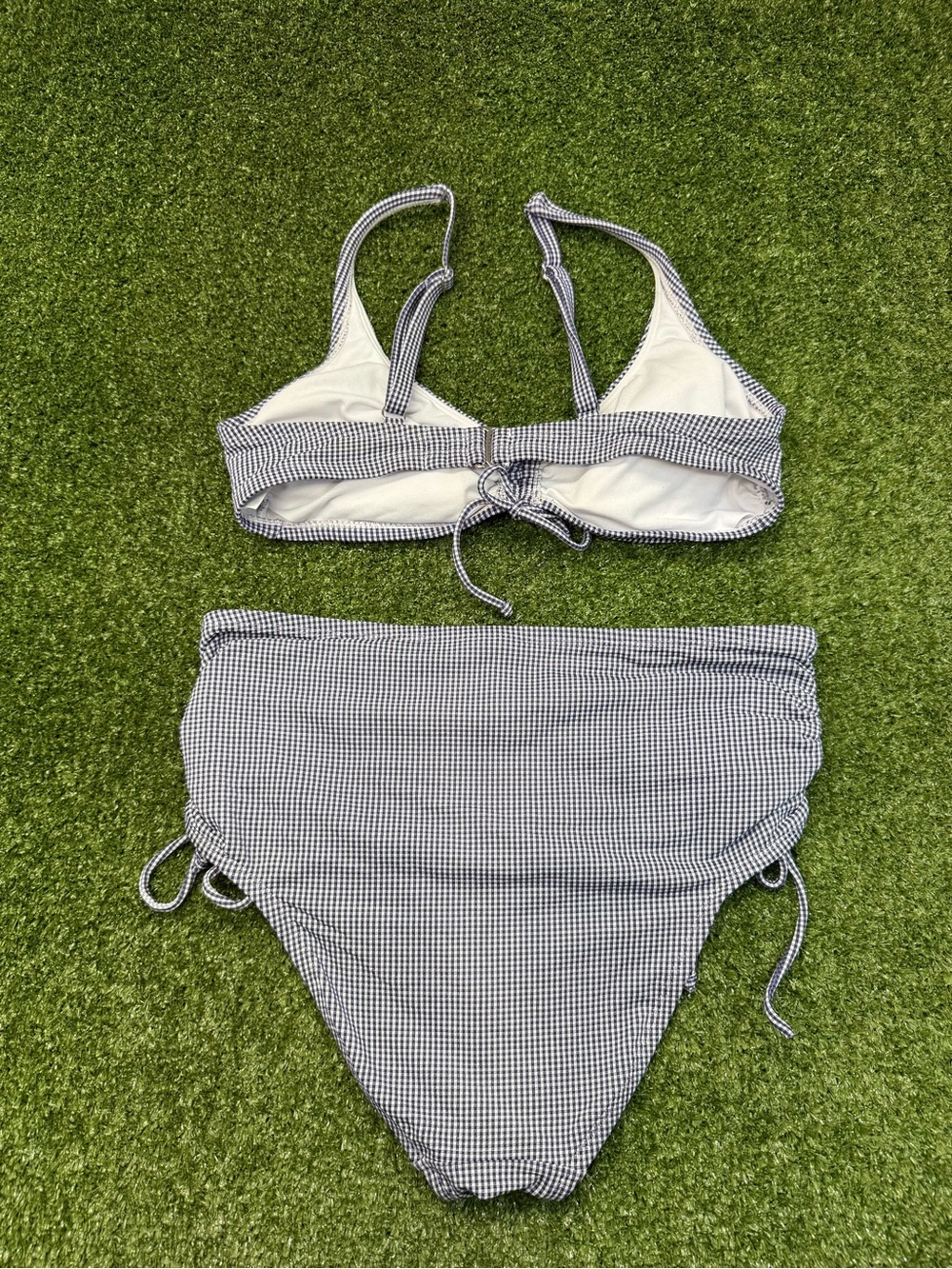 Kona Sol High Waisted Bikini Set Swimsuit Blue White Gingham Plaid Tie Detail M - Picture 5 of 7